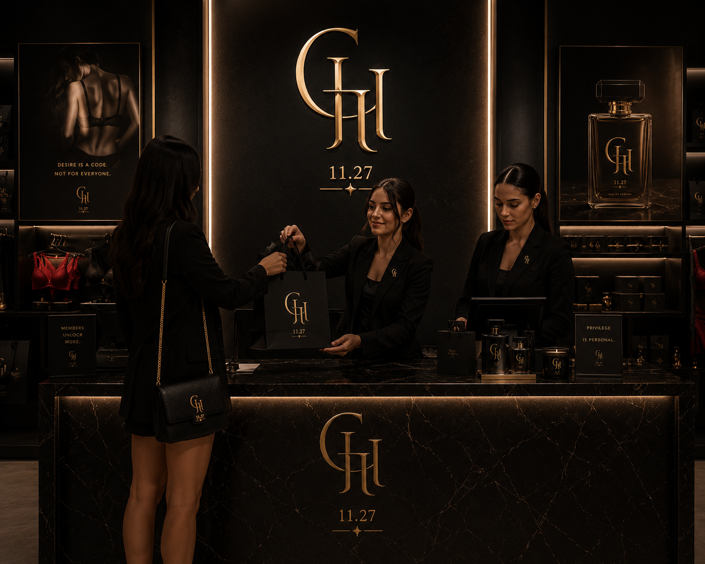 The GH 11.27 boutique — a client receiving her order at the gold-lit counter